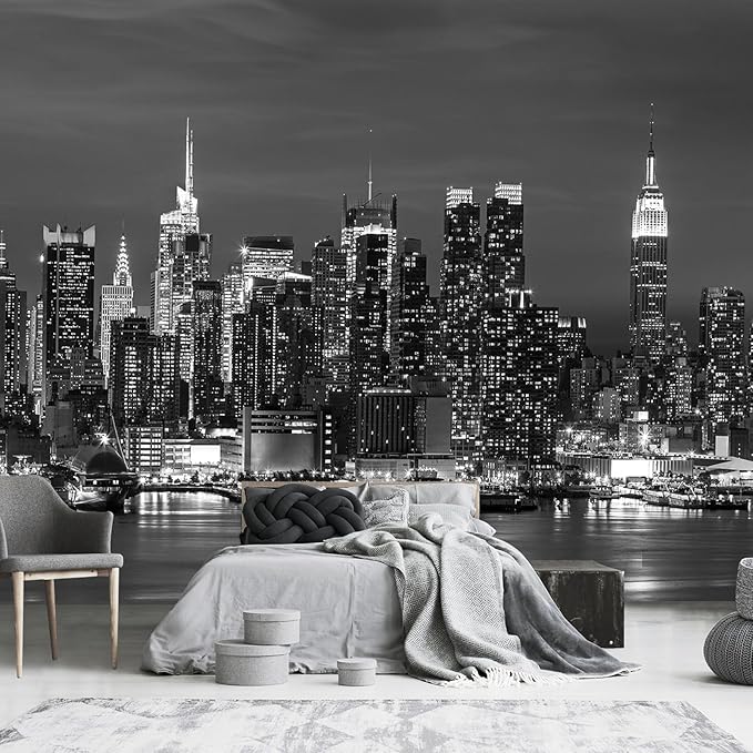 Black and White City Night View Wallpaper for Bathroom Background Wall Decor (Not Peel and Stick)