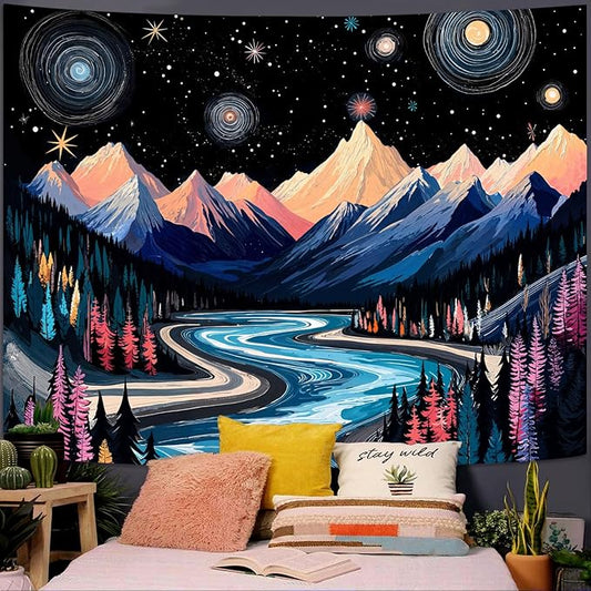 Lunerfex Mountain Tapestry, Starry Sky Landscape Tapestry, 60" x 44", Bedroom & Living Room Wall Decor