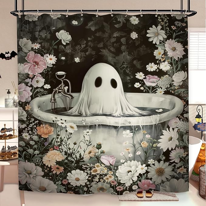 Halloween Ghost Gothic Funny Shower Curtain 60Wx72L Inch Horror Spooky Scary Flower Floral Holiday Bathroom Set Accessories Decor with 12 Pack Hooks