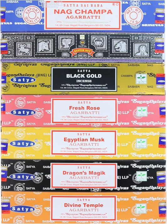 Satya Incense Sticks Gift Set, 7 Scents, Nag Champa, Super Hit, Dragon's Blood, Sandalwood, Patchouli, Lavender, Positive Vibes, 15g Each (Healing Mix)