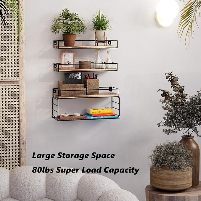 Wall Mounted Bathroom Shelves Over Toilet, Farmhouse Wall Floating Shelf with Guardrail, Bathroom Decor for Bedroom Living Room Kitchen, Rustic Brown (16.2 Inch Set of 3)