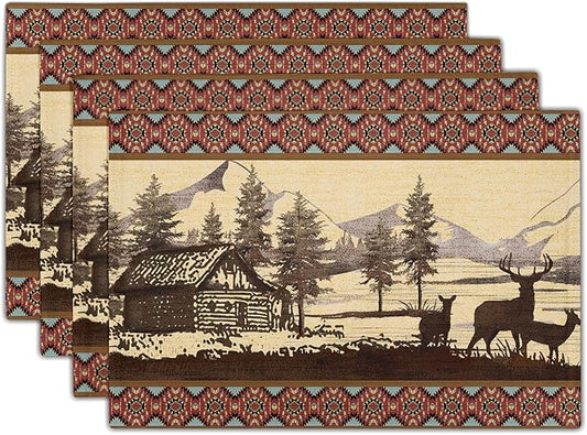 Vintage Bear Moose Placemats Set of 4 Rustic Farmhouse Wild Animal Heat Resistant Table Mat 12x18 Inch Country Cabin Forest Kitchen Mats for Party Dining Table
