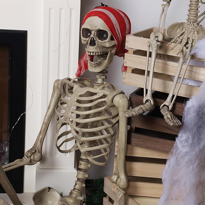yosager 2 Pcs Halloween Skeleton Decorations, 5.4ft & 3ft Pose-N-Stay Life Size Skeleton with Glowing Eye, Human Bones Full Body Realistic with Posable Joints, Pose Skeleton Prop, Haunted House Decor