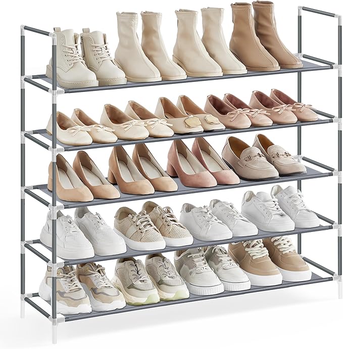 SONGMICS 5-Tier Shoe Rack, Shoe Storage for Hallway Closet, Slim and Space-Saving, Metal Frame, Non-Woven Fabric Shelves, Grey ULSH055G01V1