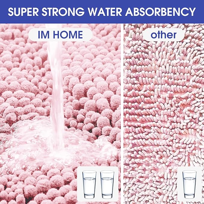 ACCUMTEK Striped Pink Toilet Bathroom Rug Mat Set 2 Piece Rug Ultra Soft, Non Slip Chenille Bath Rugs, Absorbent Plush Shaggy Bath Mats for Bathroom, Bedroom, Kitchen, Shower, Tub