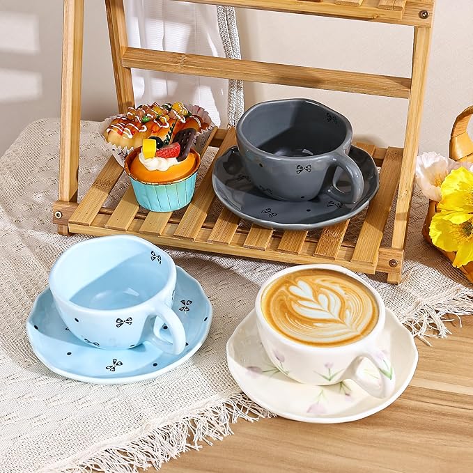 Koythin Ceramic Coffee Mug with Saucers, Handmade Flowers Mugs, Cute Cup for Girl Women, Aesthetic Tea Milk Cup with Handle, 8.5 oz/250 ml for Latte, Cocoa, Office, Home (Purple Tulip)