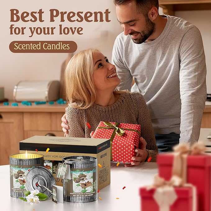Vintage Scented Candles Gift Set (2 x 8 oz) - Jasmine, Musk & Sandalwood Aromatherapy Candle, Natural Soy Wax Candle, (2 x40) Hours Burn,8% Fragrance Oil, Holiday Gifts for Home Decor & Christmas