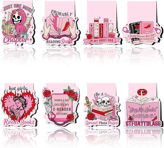 Funny Spicy Magnetic Bookmarks: 8 Pcs Smutty Romance Book Mark for Reading Women, Pink Unique Magnet Page Markers Clips, Bookish Gifts for Women Adults Book Lovers