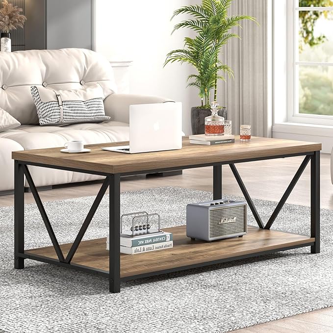 FOLUBAN Coffee Table with Storage Shelf, Modern Industrial Metal and Wood Living Room Table, Small Rectangle Cocktail Tea Table for Bedroom Home Office, Rustic Oak, 39.3 Inch