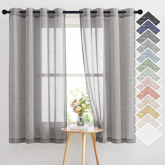 NICETOWN Sheer Curtains Open Linen Blend for Window Decor, Grommet Natural Linen Flax Window Treatment Privacy with Light Filter Vertical Drapes for Bedroom, Charcoal Grey, W52 x L63, 2 Panels