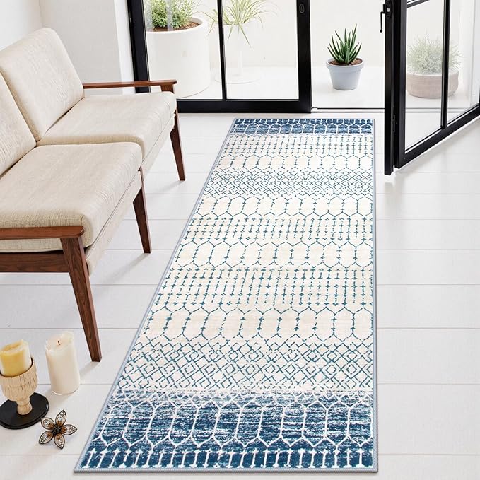 Lahome Moroccan Washable Blue Runner Rug - 2x6 Rug Runners for Hallways Non Slip Throw Stain Resistant Kitchen Runners, Geometric Print Distressed Indoor Floor Rug for Entryway Bathroom Bedroom