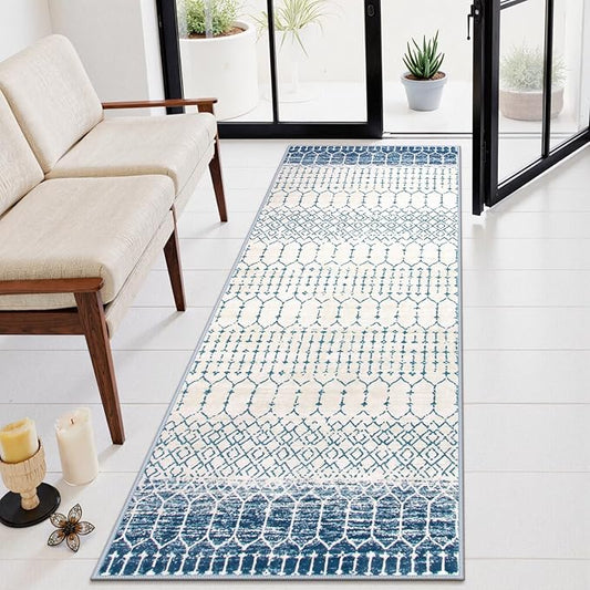 Lahome Moroccan Washable Blue Runner Rug - 2x6 Rug Runners for Hallways Non Slip Throw Stain Resistant Kitchen Runners, Geometric Print Distressed Indoor Floor Rug for Entryway Bathroom Bedroom