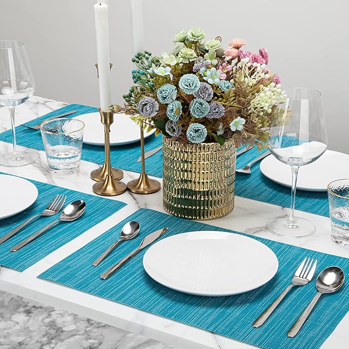 Winknowl Placemats, Washable Vinyl Woven Indoor and Outdoor Heat Stain and Water Resistant Elegant Table Mats for Dining Table Set of 8 (Blue)