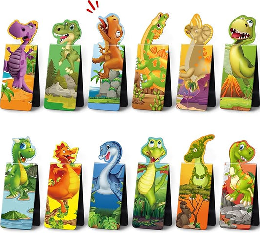 Sepamoon 12 Pcs Magnetic Bookmarks Book Marks Cute Magnet Page Markers Page Clips Funny Animal Bookmarks for Students Teacher Reading Party Favor (Dinosaur Style)