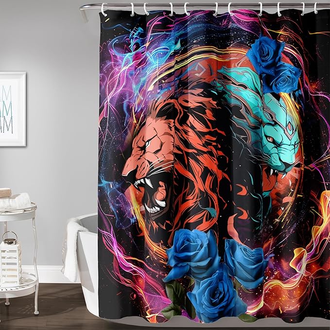 AILONEN Howling Lion Leopard Print Shower Curtain,Cartoon Animal Lion Theme Kids Boys Bath Curtain,Modern Fantasy Colorful Waterproof Decor Shower Curtain, 36" W x 72" H