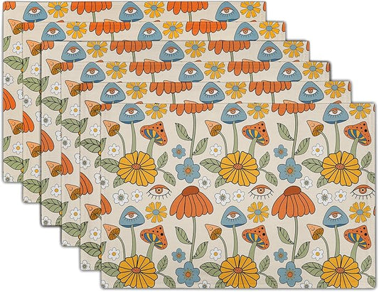 Retro Boho Floral Placemats Set of 6 70s Vintage Cute Abstract Mushrooms Fun Linen Washable Kitchen Dining Table Mats Stain Heat-Resistant Desktop Decor Place Mats for Home Party Dinner 12x18 in…