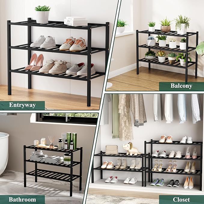 Smiry Shoe Rack, 4 Tier Bamboo Shoe Organizer, Stackable Free Standing Wooden Shoe Storage Shelf for Closet, Entryway, Front Door Entrance, Black