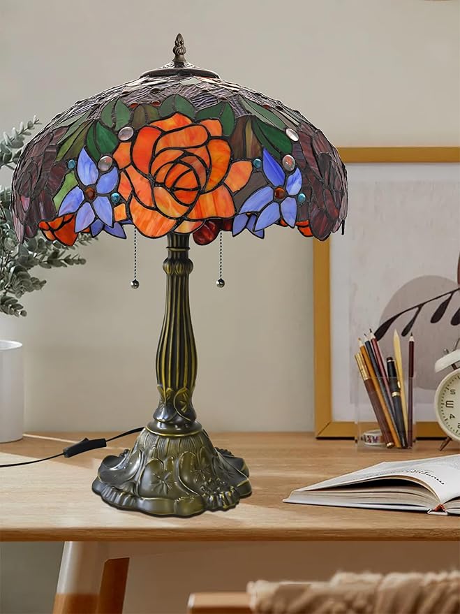 KY&BOSAM Tiffany Style Table lamp Stained Glass Table Lamps Art Style Desk Lamp 24 Inch Tall Glass 16 Inch Wide Shade Beside 2 Bulb Antique Zinc Base for Home Living Room Bedroom Kitchen Family Decor