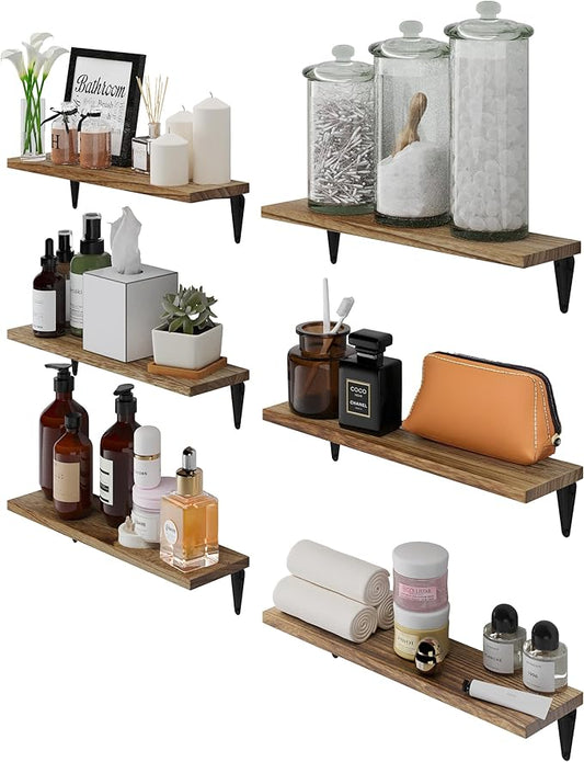 Wallniture Arras Floating Shelves for Wall, Wood Wall Shelves for Bedroom Decor, Burned Set of 6