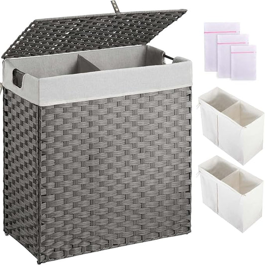 Greenstell Laundry Hamper with lid, No Install Needed, 110L Wicker Laundry Baskets Foldable 2 Removable Liner Bags, 2 Section Clothes Hamper Handwoven Rattan Laundry Basket with Handles, Gray
