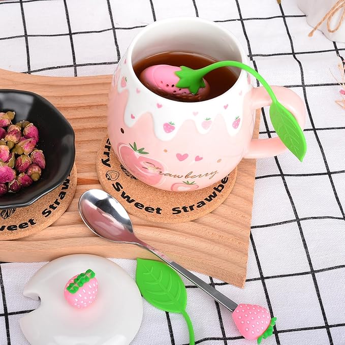 Pink Mug,Cute Strawberry Cup with Lid,Spoon and Coaster,Ceramic Coffee Mug, Kawaii Cup for Tea Milk,Women Girls Student Korean Style 450ML Christmas Birthday Gift
