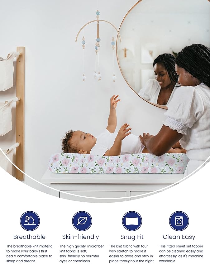 TotAha Premium Stretchy Changing Pad Covers (2-Pack) Hypoallergenic, Silky Comfort, Buttery Soft, Calming Effect, All-Season Jersey-Knit 5'' Deep Pocket(Meredith Allover Floral & Pale Pink Flowers)