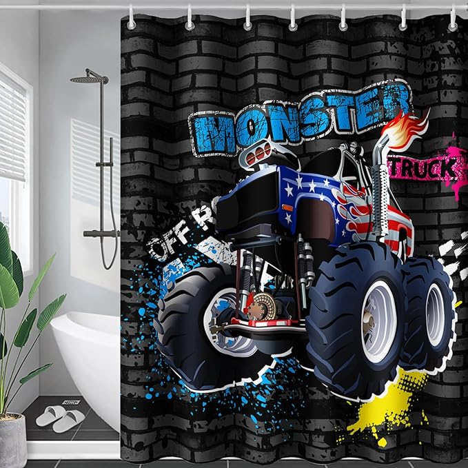AILONEN Monster Truck Shower Curtain, Black Retro 3D Printed Truck Bath Curtain for Boys,Red Blue Truck Car Bathroom Decor Waterproof Fabric 60" W*72" H Inch with 12 Plastic Hooks