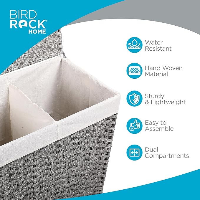 BIRDROCK HOME Laundry Hamper with Lid - Hand Woven PE Rattan Divided Sorter with Removable Liner Bags - Large Collapsible & Foldable Bin Clothes Basket Organizer for Bedroom & Bathroom - Double, Grey