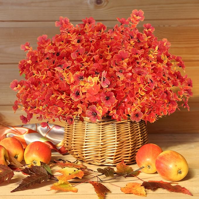 12 Bundles Artificial Fall Flowers Outdoor UV Resistant Fake Mums Bulk Outdoor Faux Mums Plants Plastic Flower Decorations for Home Garden Porch Hanging Planter Vase Autumn Decor Outside, Orange