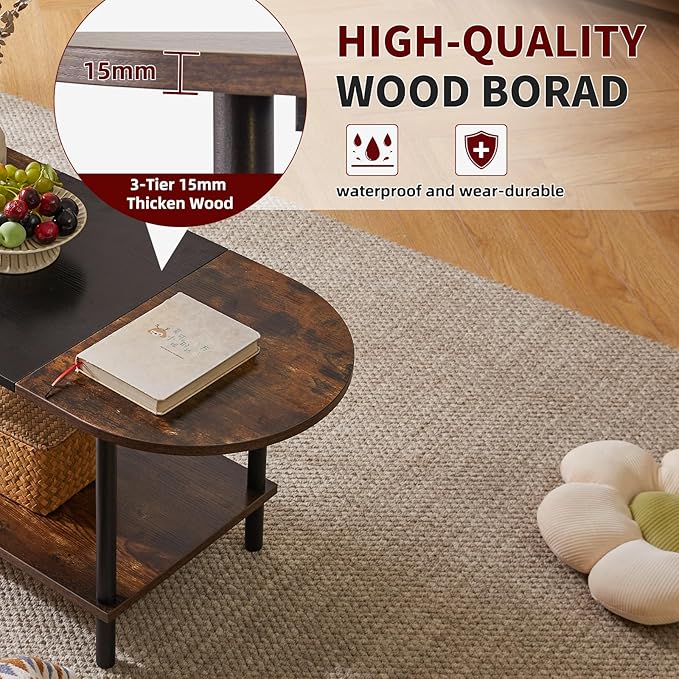Mid Century Modern Coffee Table, Rustic Coffee Table Unique Color Contrast Design, 2-Tier Center TV Table 35x16x17in Rustic Brown + Black YD-011BH