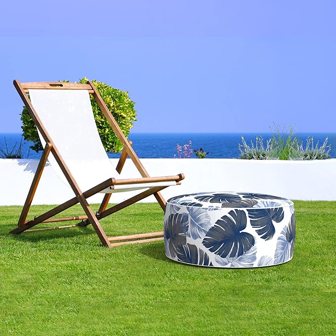 LVTXIII Indoor/Outdoor Inflatable Ottoman, All Weather Round Footrest Stool D21”x H9”, Portable for Patio Garden Camping or Home-Big Leaves