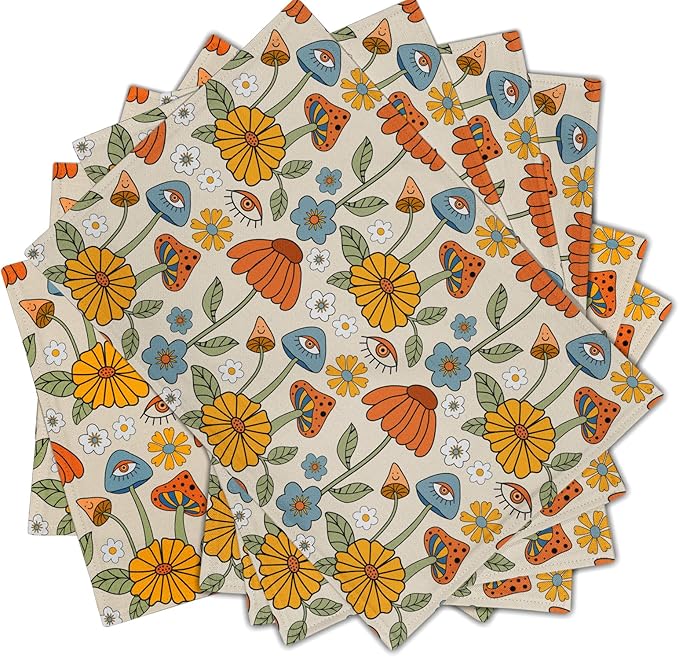 Retro Boho Floral Placemats Set of 6 70s Vintage Cute Abstract Mushrooms Fun Linen Washable Kitchen Dining Table Mats Stain Heat-Resistant Desktop Decor Place Mats for Home Party Dinner 12x18 in…