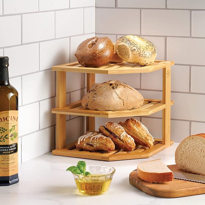 Cabinet Organizer Shelf - Bamboo Corner Rack for Kitchen Counter, Cabinet Space Saver for Plates, Dishes, Bowls, Bread Pantry, Bathroom Storage or Countertop Stand, Stackable Design