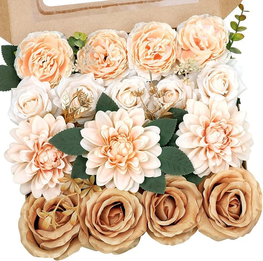 AmyHomie Champagne Nude Artificial Flowers Combo Silk Mix Peony Rose Daisy Fake Flowers w/Stem for DIY Wedding Bouquets Centerpieces Arrangements Table Decor Party Bridal Baby Shower Home Decor