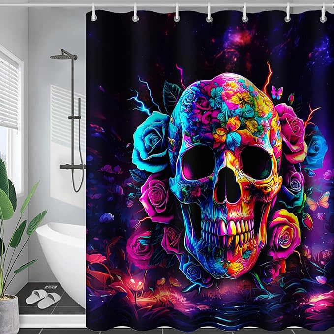 AILONEN Sugar Skull Shower Curtain for Bathroom,Romantic Rose Flower Skull Bath Curtain Decoration,Colorful Skeleton Print Waterproof Purple Curtain with 12 Plastic Hooks, 72" W*72" H