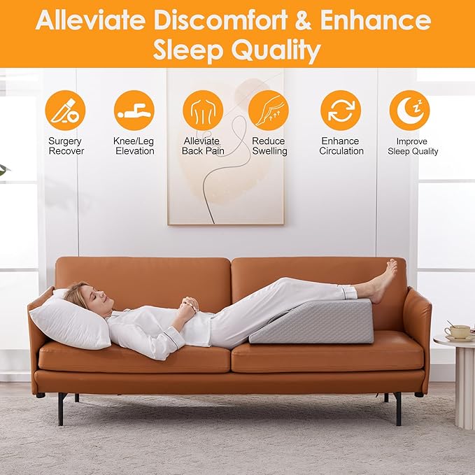 Leg Elevation Pillows for Sleeping, Memory Foam Wedge Pillow for Legs, Knee Wedge Pillow for After Surgery, Swelling, Back Pain and Circulation, Non-Slip Bottom, Removable Cover (8 Inch, Grey)