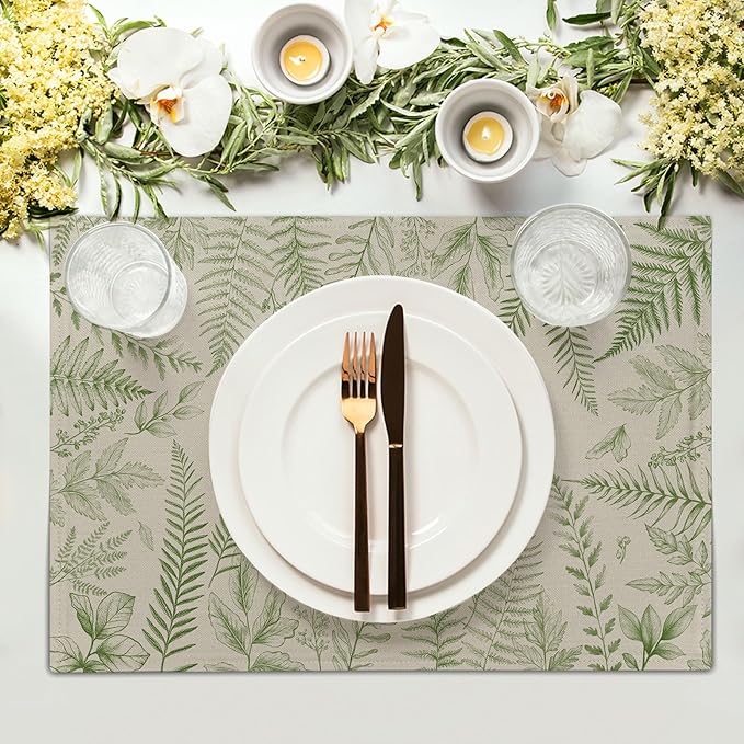 Green Plants Wild Fern Table Mats for Kitchen Set of 4,Green Leaves Botanical Washable Heat-Resistant Linen Fabric Desk Mats 12x18 Inch for Seasonal Home Party Dining Decor