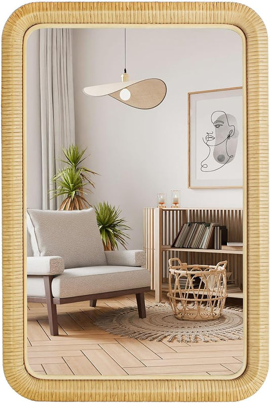 20"x30" Boho Bathroom Mirror,Rattan Wall Mirror –Handwoven Wicker Rattan Frame, Rectangular Hanging Decor for Dresser, Nursery, Bedroom, Livingroom or Entryway