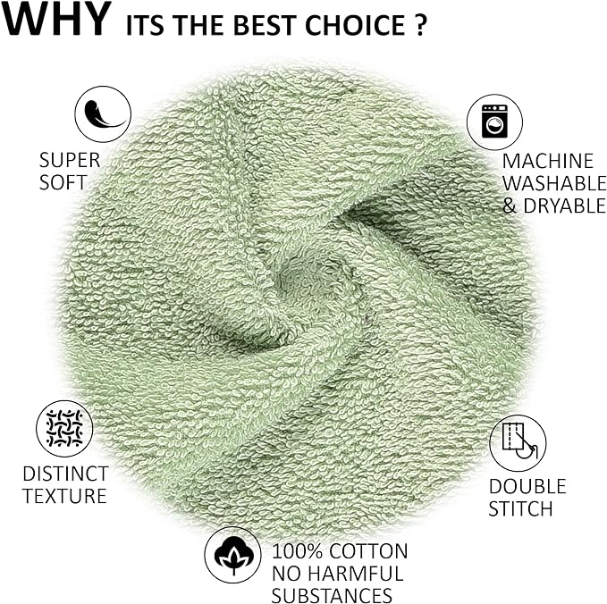 Quick-Dry, Soft & High Absorbent Washcloths Towels 13"x13" Cotton Turkish Bath Towel Set of 4 | Daily Use 100% Cotton Towels for Bathroom Gym & More | Bathroom Towels Set (4 Pcs, Green)