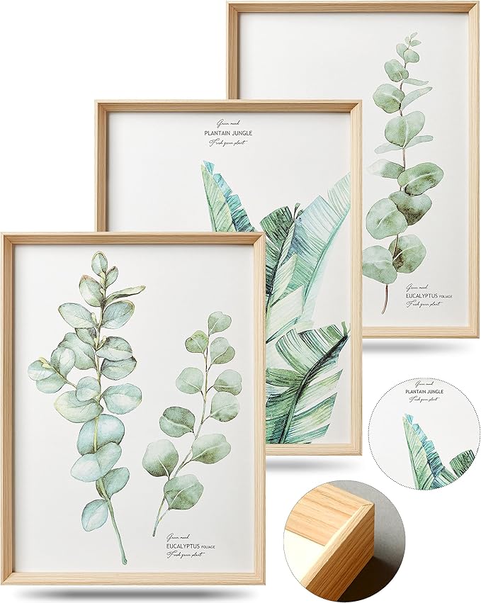 Framed Wall Art,Minimalist Botanical Canvas Wall Art for Living Room,12x16in Plant Wood High-Framed Design Flower Green Eucalyptus Leaf Artworks Prints Poster for Bathroom,Bedroom Set of 3