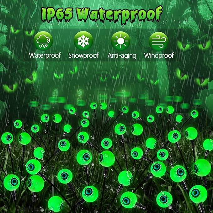 8Pack 48LED Green Solar Halloween Eyeball Lights Outdoor, Solar Garden Lights Outdoor Waterproof, Firefly Light Swaying by Wind with 2 Modes for Pathway Patio Yard Garden Halloween Decorations