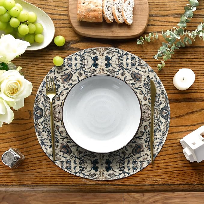 Artoid Mode Boho Round Placemats Set of 4,14 Inch Seasonal Daily Blue Teal Flowers Bohemia Table Mats for Party Kitchen Dining Decoration