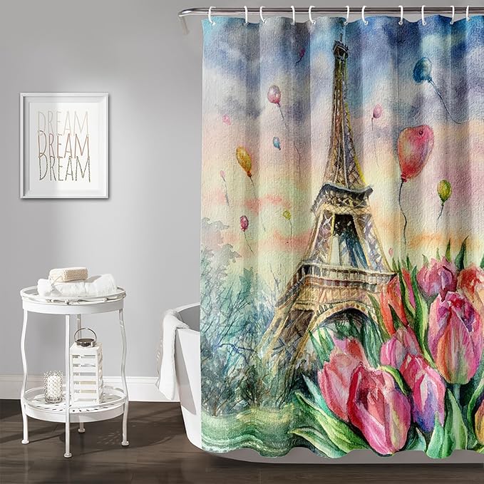 AILONEN Eiffel Tower Shower Curtain,Fantasy Tower Bathroom Fabric Shower Curtain for Girls Kids Teens, 48" W*72" H Flower Balloon Paris Tower Watercolor Theme Bathroom Decor
