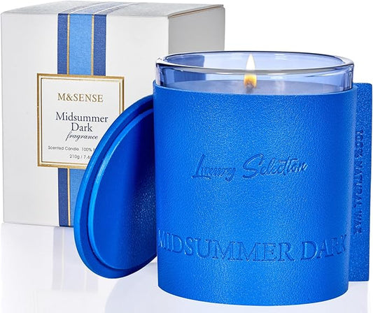 M&SENSE Soy Candles for Home Scented, Midsummer Dark Scented 7.4oz 40 Hours Long Lasting Natural Candle, Aromatherapy Candles for Relaxation, Leather Wrapped Luxury Candle Gifts for Men Women
