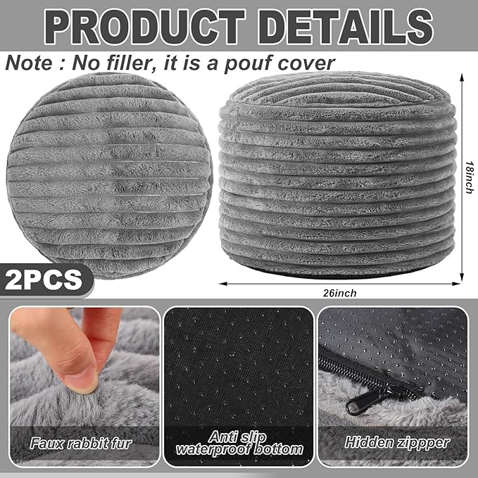 2 Pcs 26 x 18 Inch Unstuffed Pouf Cover Ottoman Foot Rest - No Filler, Faux Rabbit Fur Foot Stool Floor Bean Bag Floor Chair Storage for Living Room Bedroom Home Decor(Gray)
