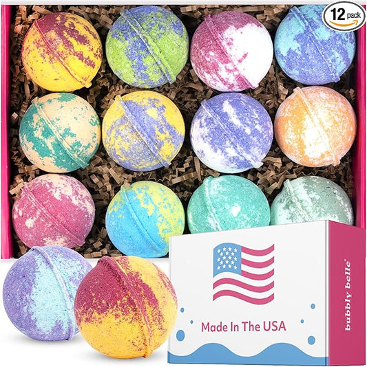 Bath Bombs XL Gift Set, 12 USA Made Extra Large Handmade Aromatherapy Fizzies with Epsom Salt and Kaolin Clay, Vegan for Women, Men, Kids