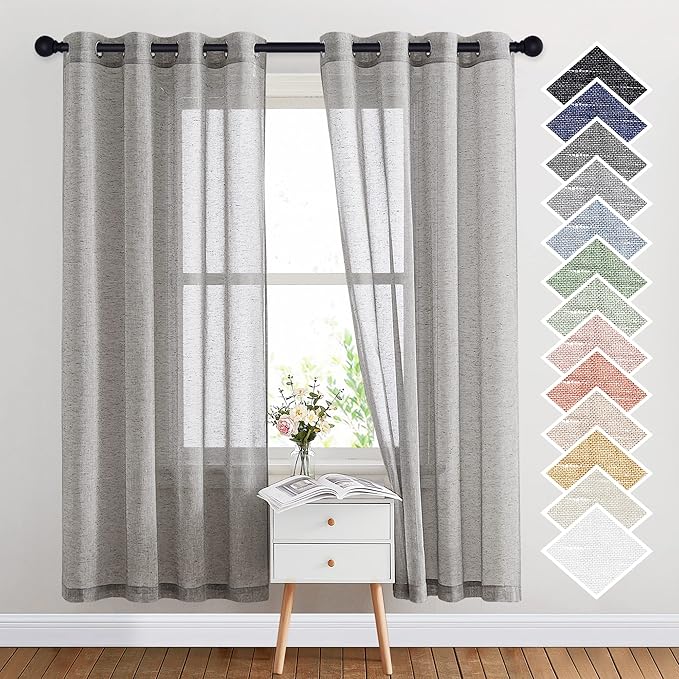 NICETOWN Sheer Curtains Open Linen Blend for Bedroom Windows, Grommet Natural Linen Flax Texture Privacy with Light Filter Vertical Drapes for Living Room, Charcoal Grey, W52 x L72, 2 Panels