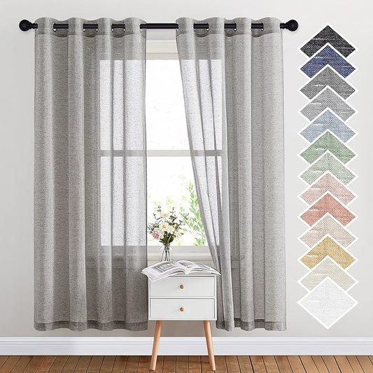NICETOWN Sheer Curtains Open Linen Blend for Bedroom Windows, Grommet Natural Linen Flax Texture Privacy with Light Filter Vertical Drapes for Living Room, Charcoal Grey, W52 x L72, 2 Panels