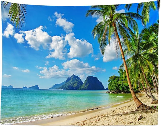 Loccor Ocean Beach Tapestry 180Wx100H Inch Tropical Island Palm Tree Waves Extra Large Tapestry Summer Hawaii Paradise Landscape Wall Hanging Hippie Bohemian Wall Art for Living Room Bedroom Home Decor