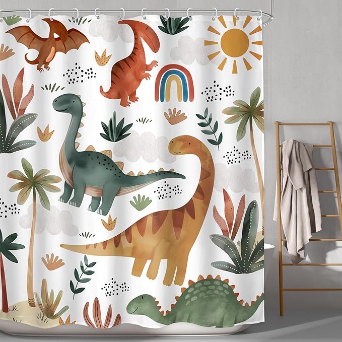 LGhtyro Kids Dinosaur Shower Curtain Bathroom Set 60Wx71H Inches Boys Cartoon Cute Dino Trex Raptor Jungle Animal Rainbow Sun Bath Accessories Watercolor Tree Plant Art Home Decor Fabric 12 Pack Hooks